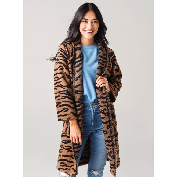 HUNTER BELL Sweaters - B41 Hunter Bell Keller Long Cardigan Coat Small Tan Black Tiger Stripe Wool